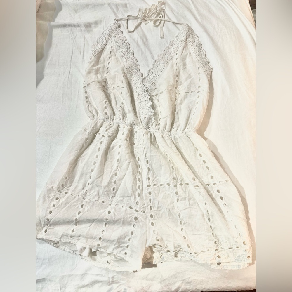 White Eyelet Lace Romper with Plunge V-Neck - L
